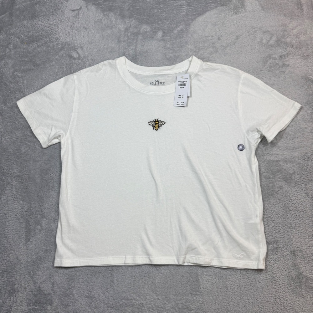 NWT Hollister T-Shirt Women Medium White Bee Embroidered Nature Cropped